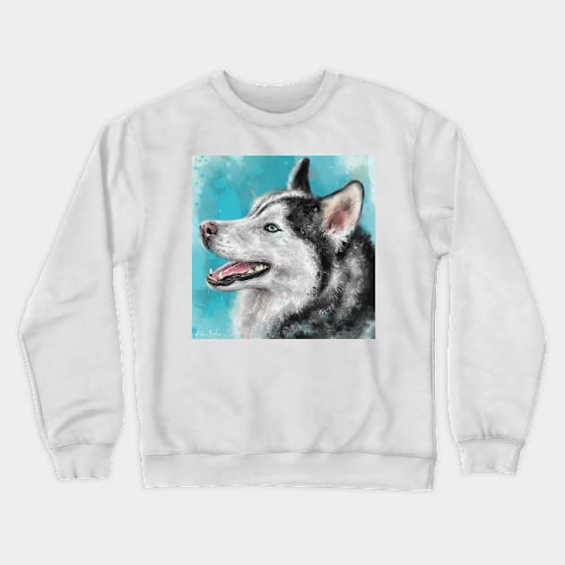 Adorable Siberian Husky Painting Smiling on Blue background Crewneck Sweatshirt by ibadishi